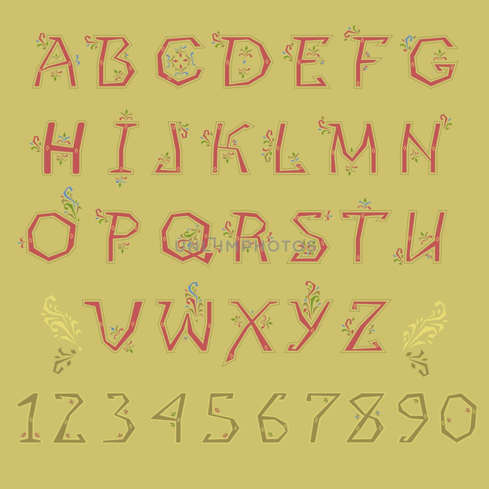 Folk Alphabet. Red letters and green numbers with floral geometric decor.  Illustration