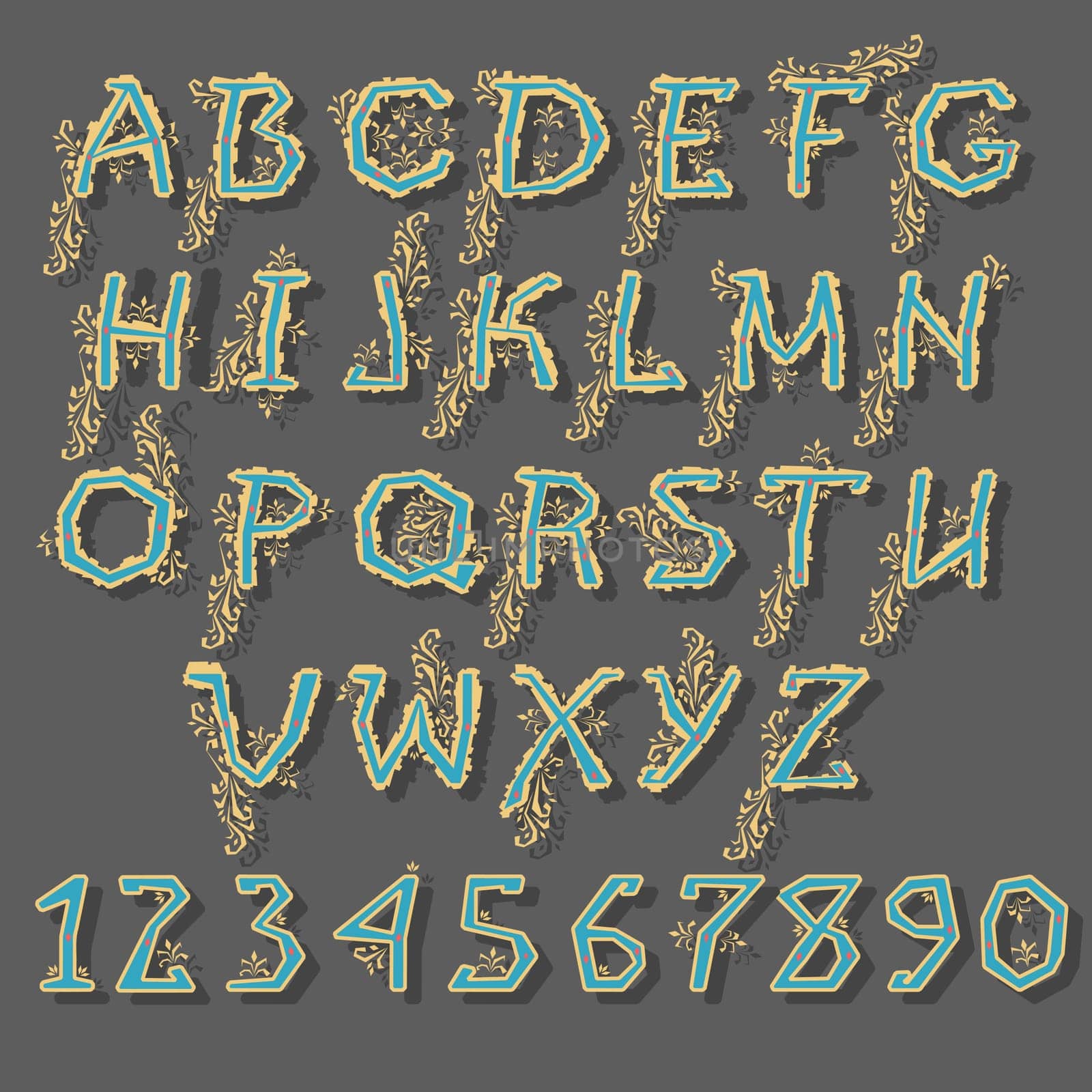 Royal Alphabet. Green letters and numerals with yellow graceful decor.  Illustration