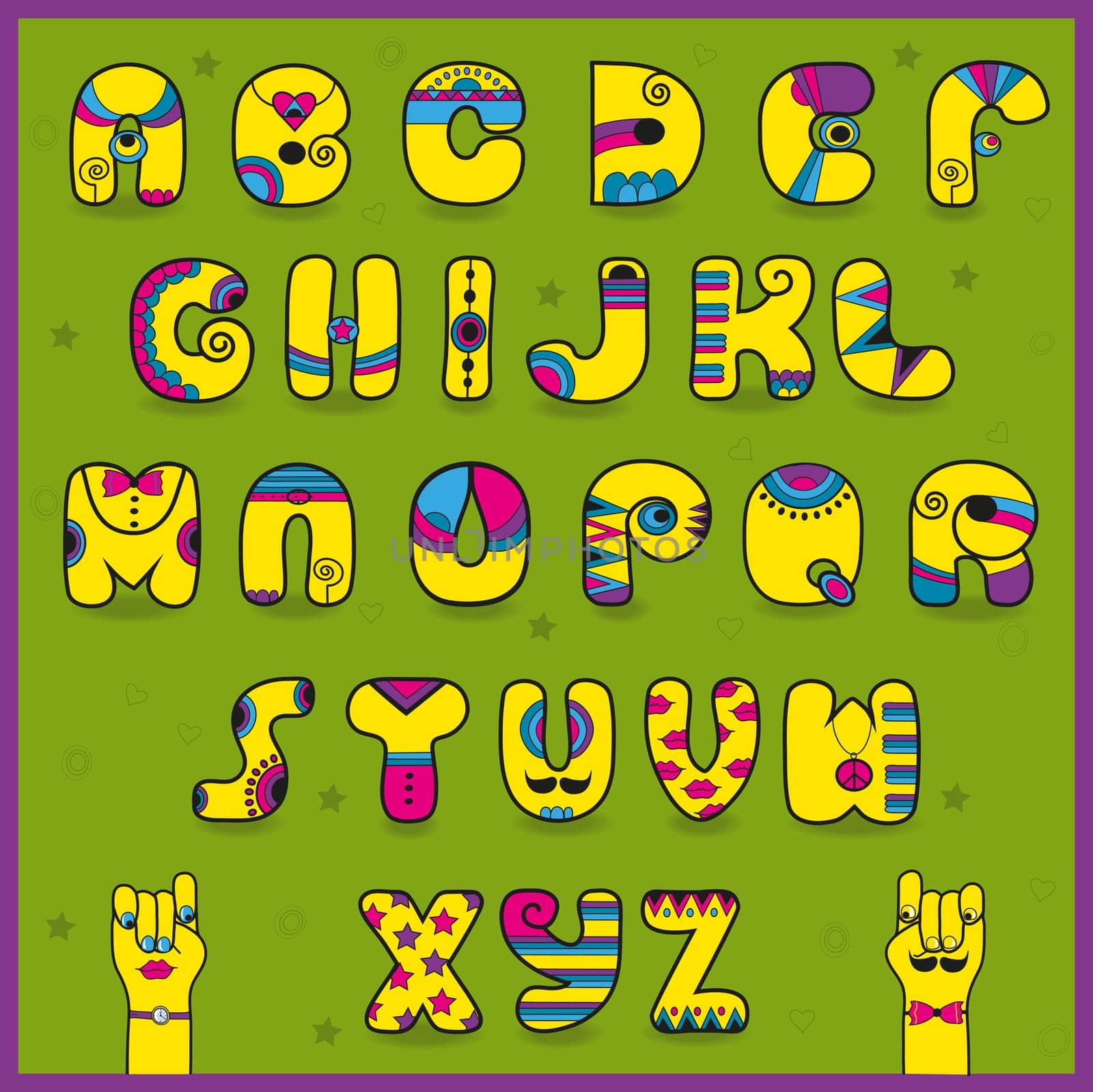 Dandy Alphabet. Artistic font. Funny yellow pink letters. Cartoon hands looking at each other. Illustration.