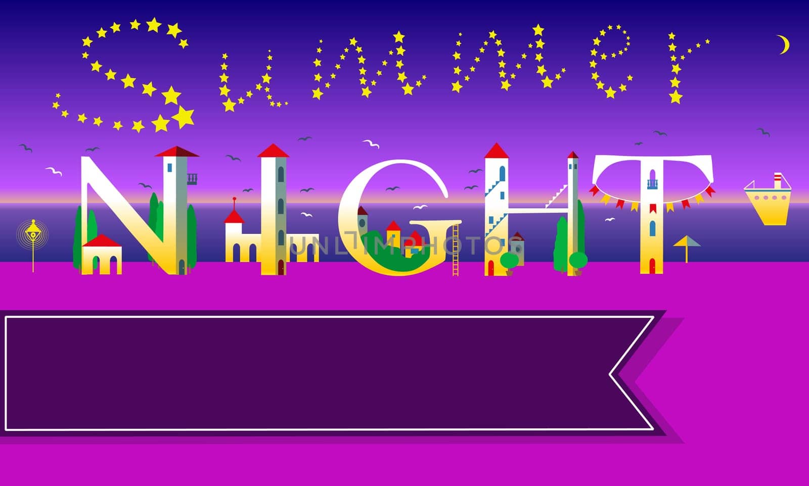 Summer Night. Funny Invitation. Inscription for poster. White houses on the night beach. Stars in the sky. Banner for custom text. Illustration.