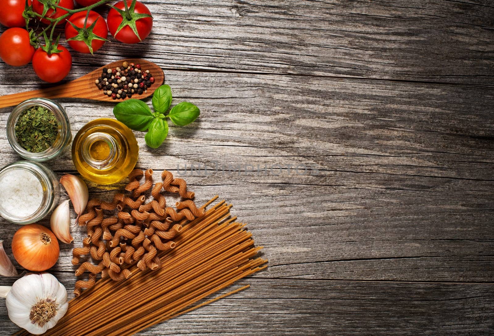 Mixed fresh healthy food on wooden background