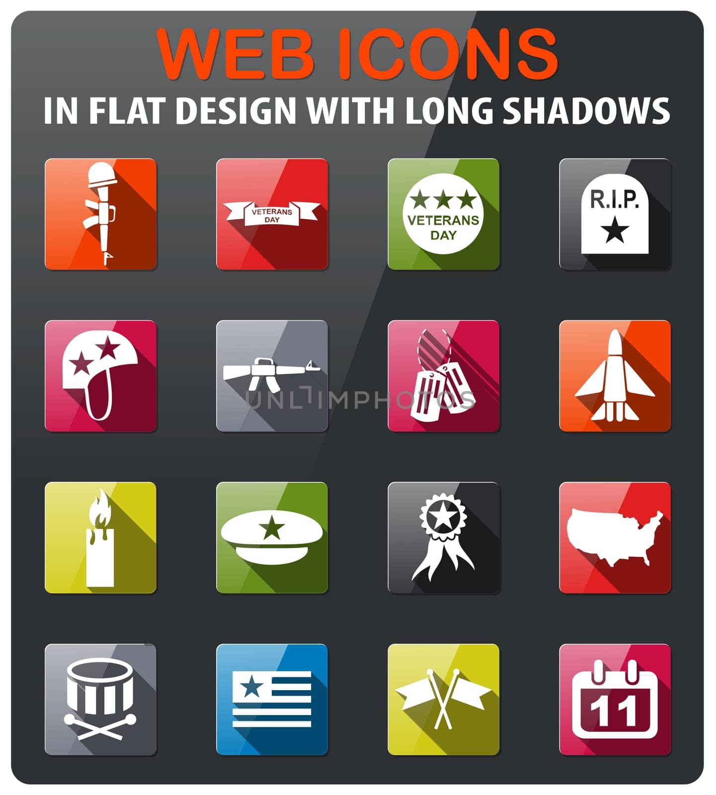veterans day icons set in flat design with long shadow