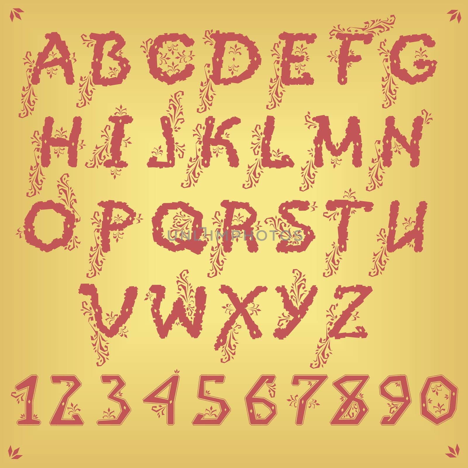 Ethnic Red Floral Alphabet. Unusual font. Country style.  Illustration.
