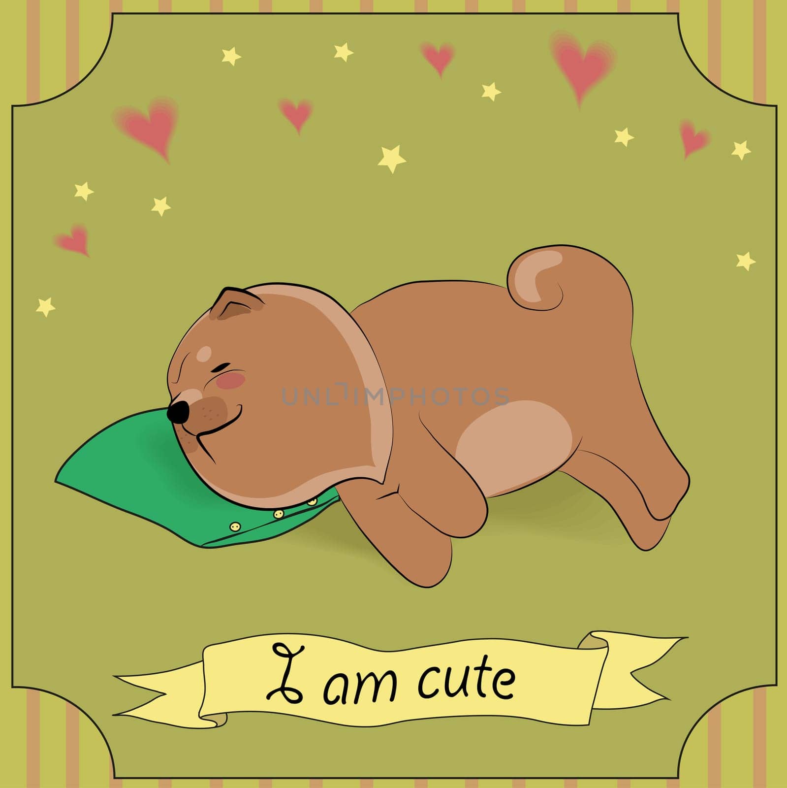 Cute Sleeping Dog Chow-chow with green pillow. Brown puppy. Hearts and stars. Striped frame. Vintage greeting card. Yellow banner for custom text. Incription I am cute.  Illustration.