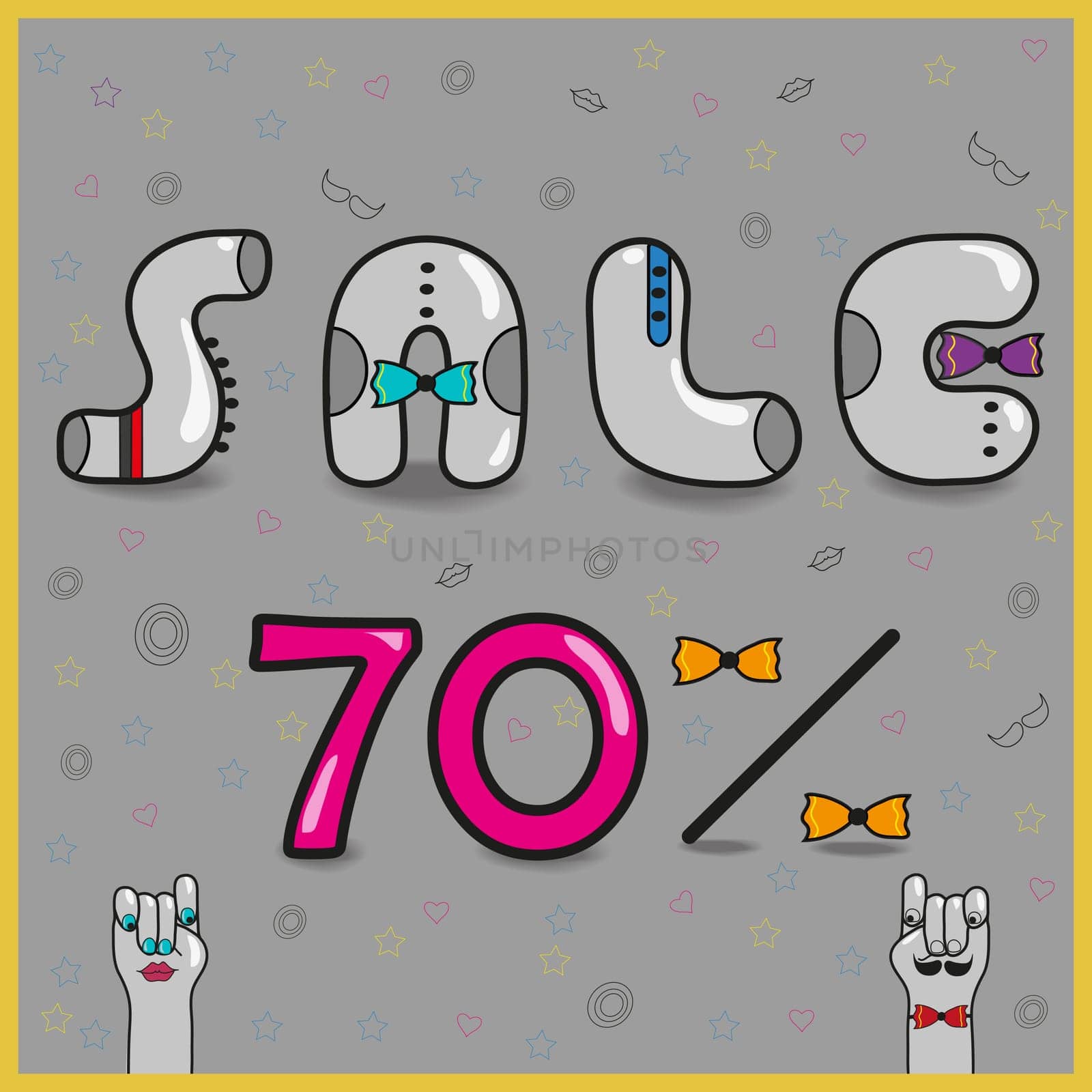 Sale. Seventy percents. Inscription with hipster style. Gray letters with coloful ties. Cartoon hands looking at each other.  Illustration.