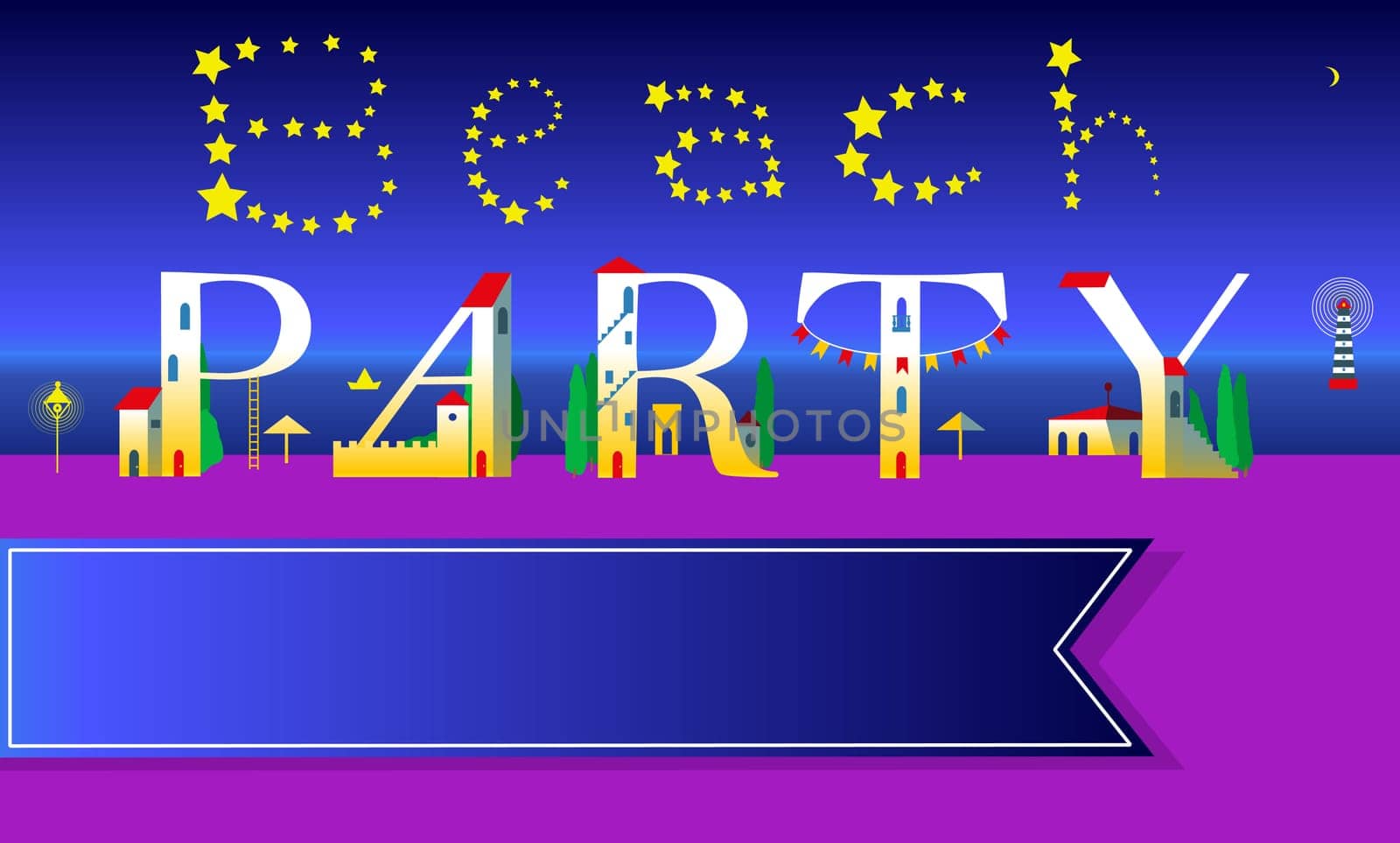 Beach Party Invitation. Cute houses Font on the night coast. Stars in the sky. Blue banner for custom text. Illustration.