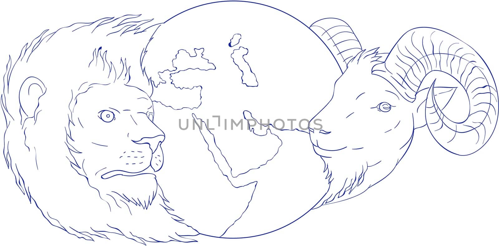 Drawing sketch style illustration of a lion and a ram head with globe showing middle east in the middle set on isolated white background.