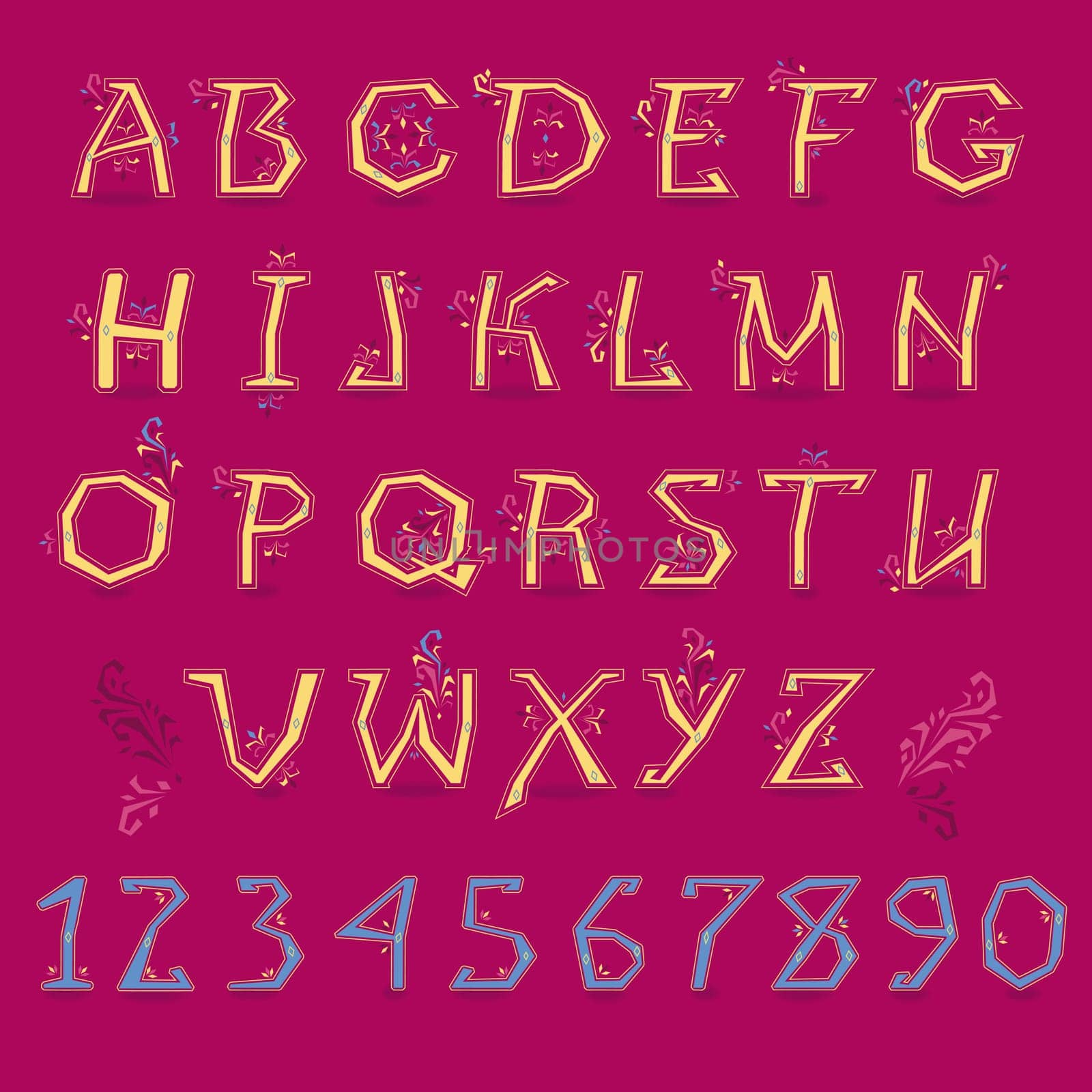 Festive Alphabet. Yellow letters and blue numbers with floral geometric decor. Illustration
