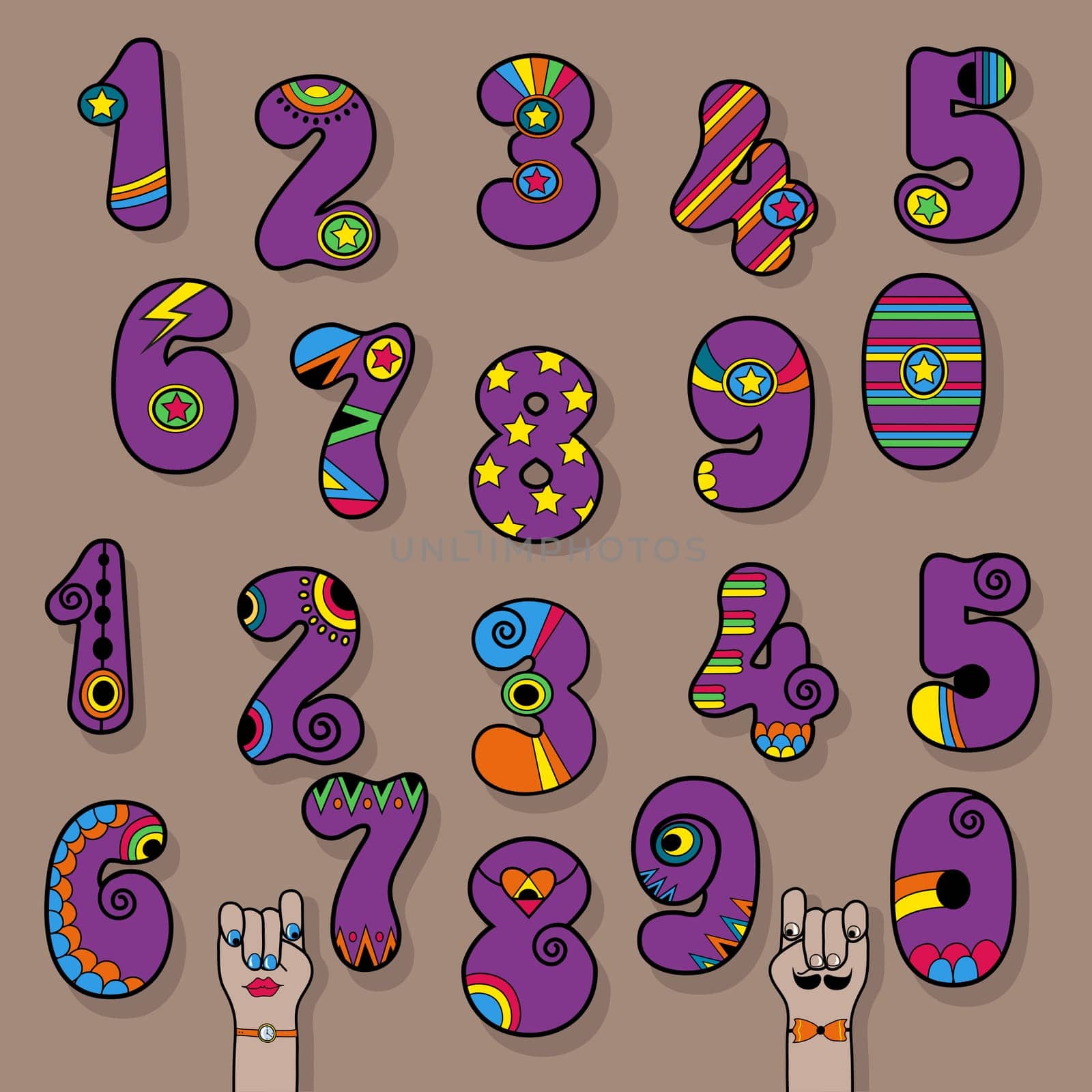 Set of Vintage Numerals. Purple signs with bright colorful decor. Superhero and Disco Style. Cartoon Hands. Illustration