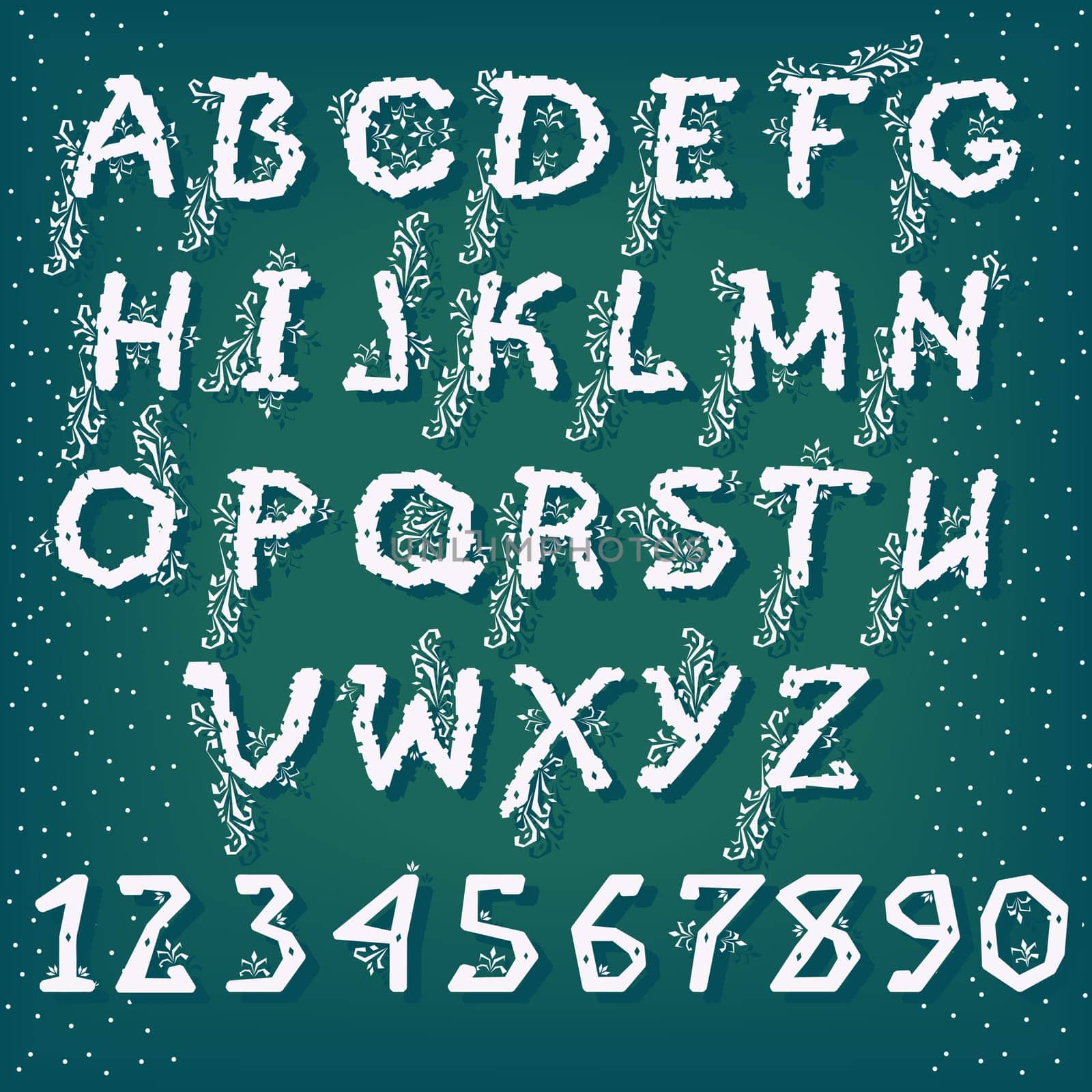 Winter Alphabet. White letters and numbers with floral geometric decor. Illustration