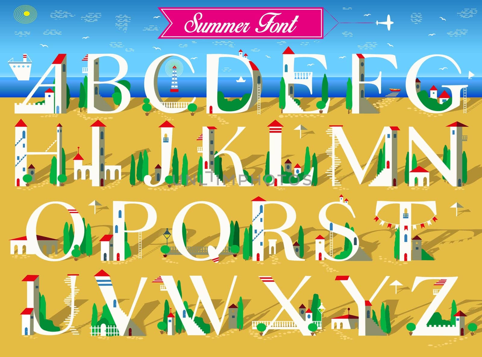 Summer Font. Signs are as white houses with red roofs, doors, windows and stairs. Yellow and blue background is as sea and beach. Pink banner with text and plane in the sky. Illustration