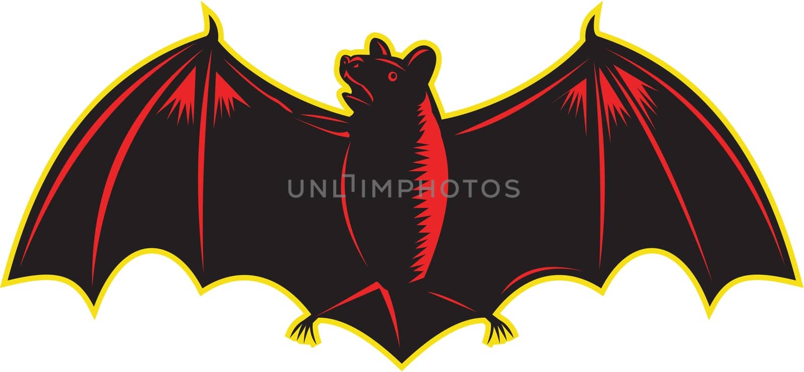 Illustration of bat looking up to the side with wings spread out viewed from front set on isolated white background.