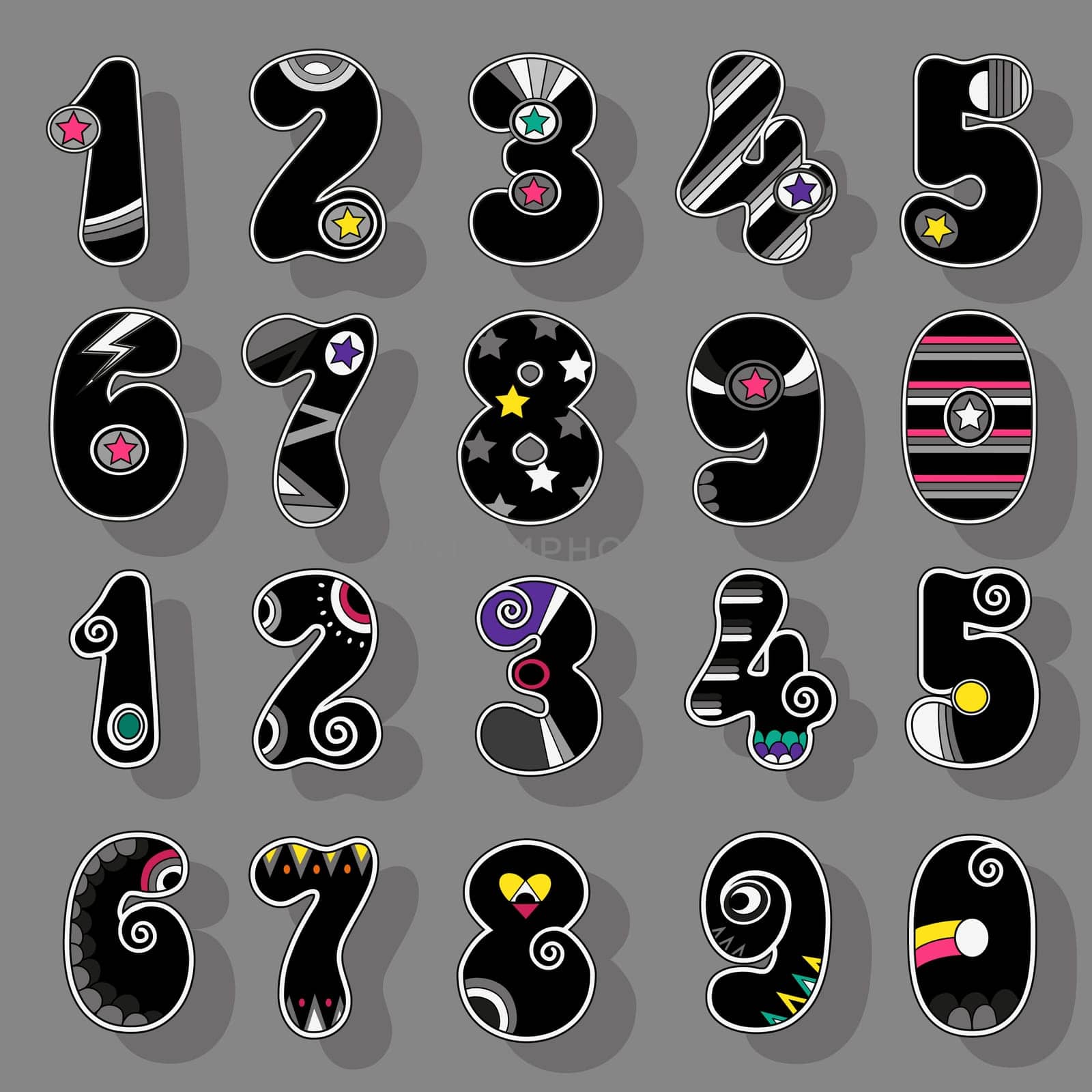 Numbers Set. Black Signs with Bright Decor. Superhero and Disco Style. Illustration