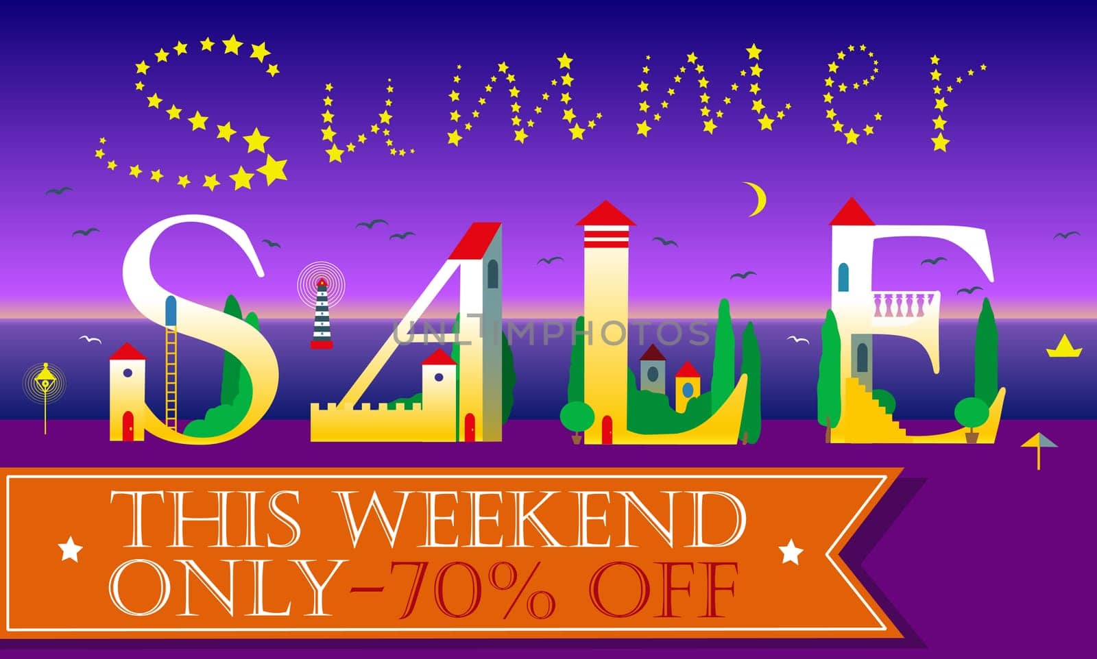 Summer Sale Inscription. This weekend only. Seventy percents. Cute white houses Font. Stars in the sky. Orange banner for custom text. Illustration.