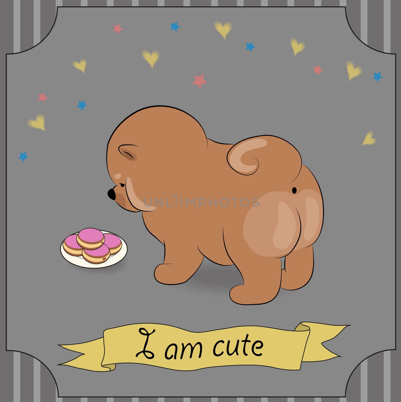 Cute puppy with donuts. Brown dog Chow-chow. Hungry pet looking at plate of pink donuts. Vintage greeting card. Colorful stars and hearts. Yellow banner for custom text. Illustration.