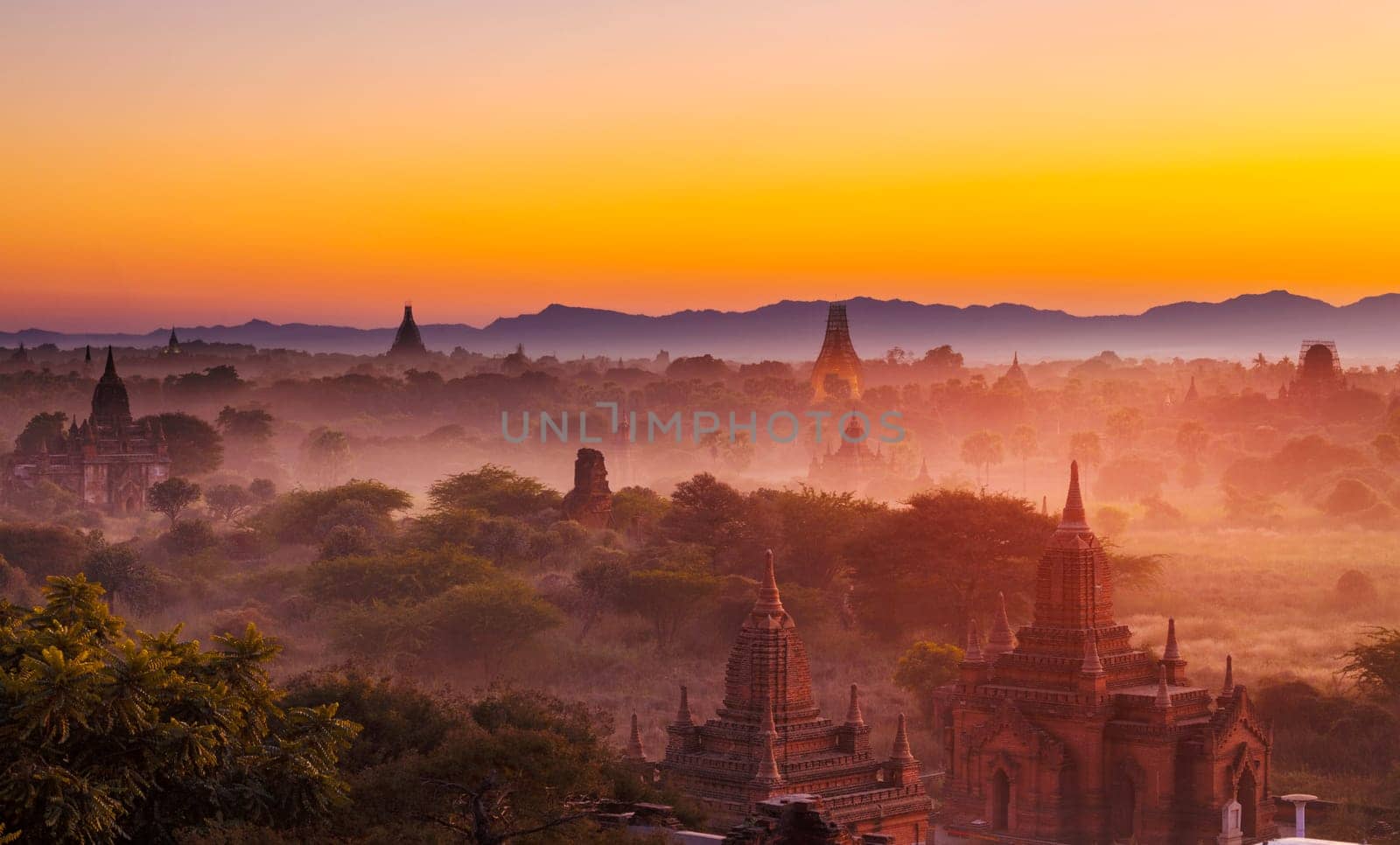 Scenic view of ancient Bagan temple during golden hour