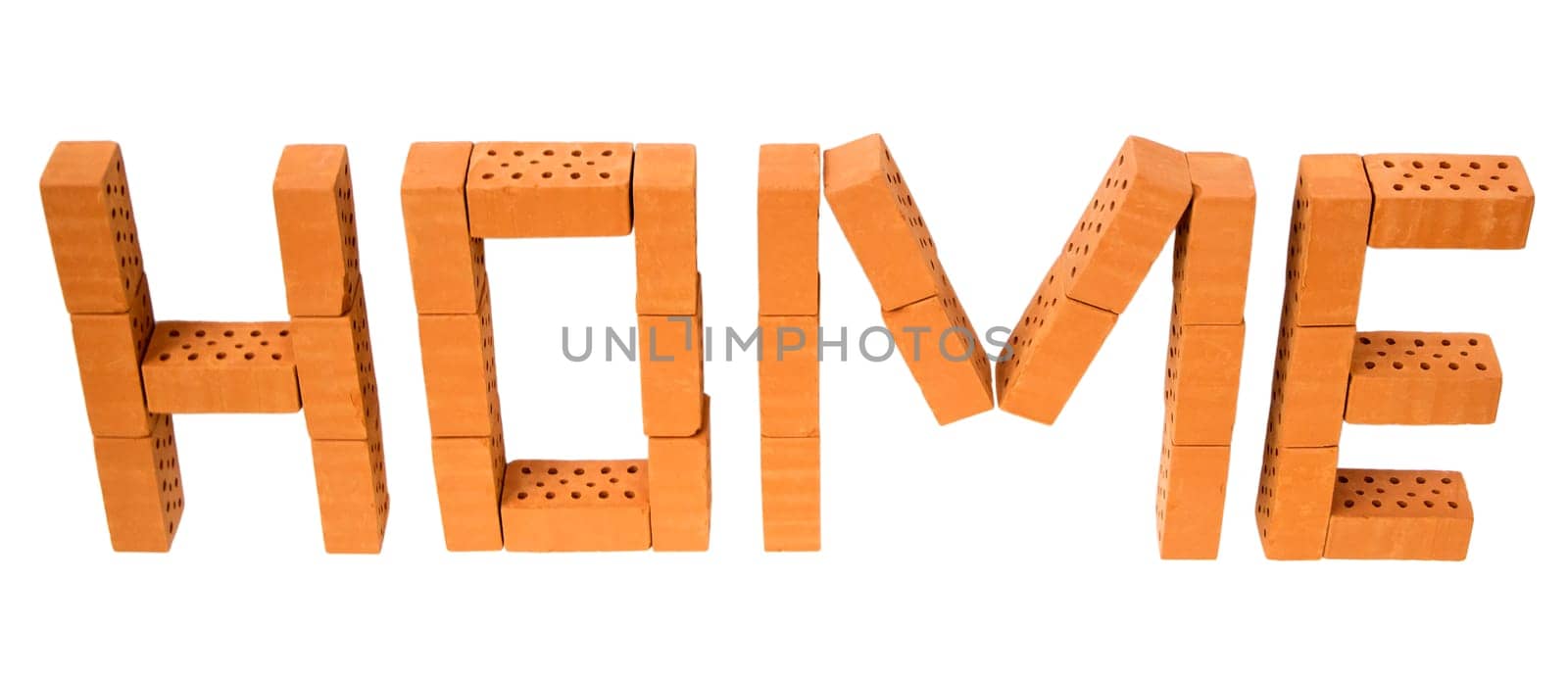 The word "Home"" made of mini bricks on a white background."