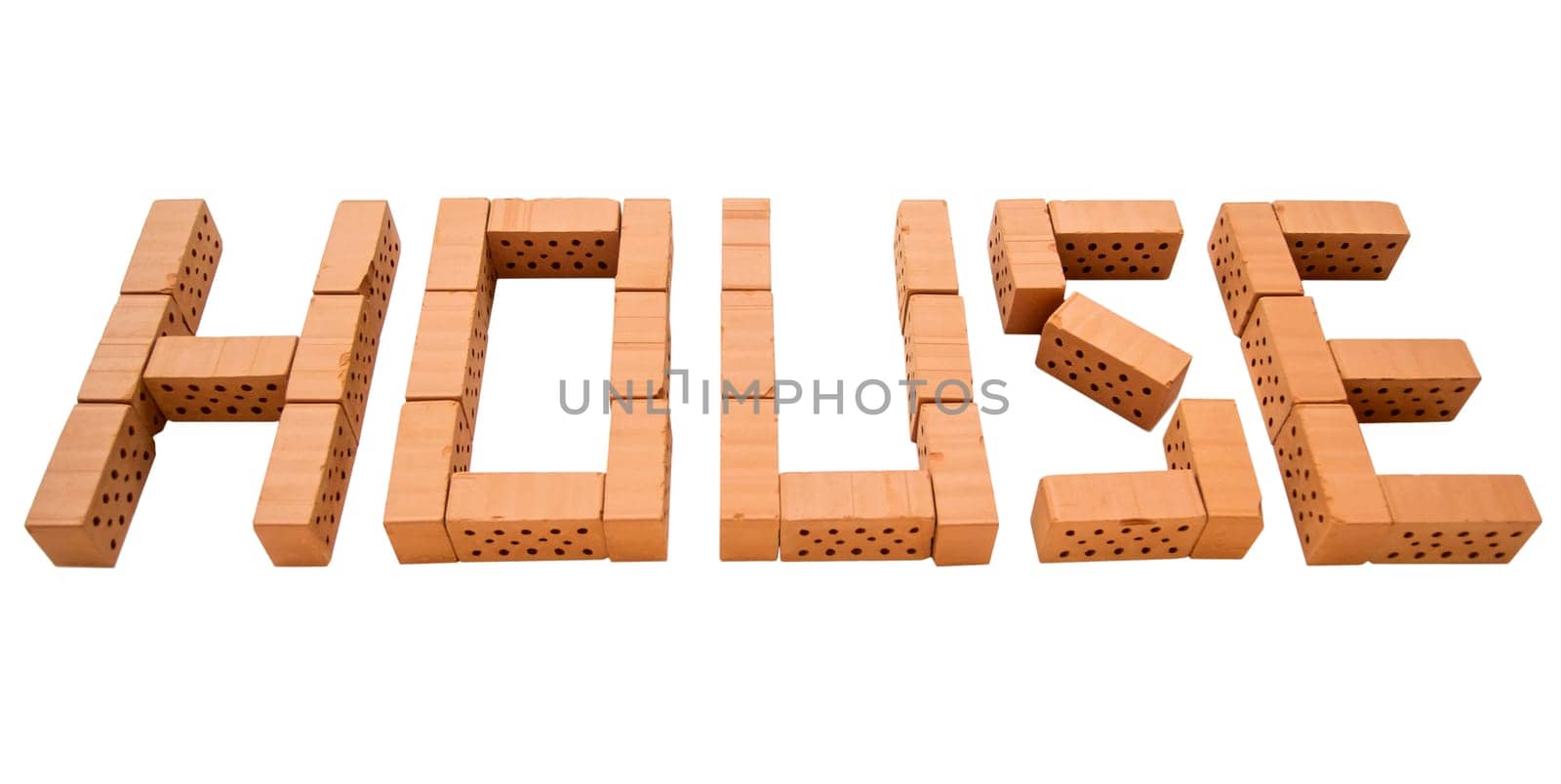 The word "house"" made of mini bricks on a white background."