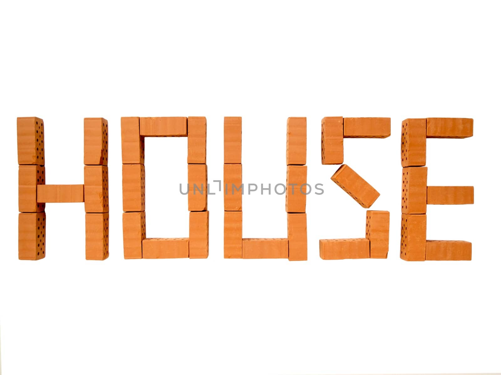 The word "house"" made of mini bricks on a white background."