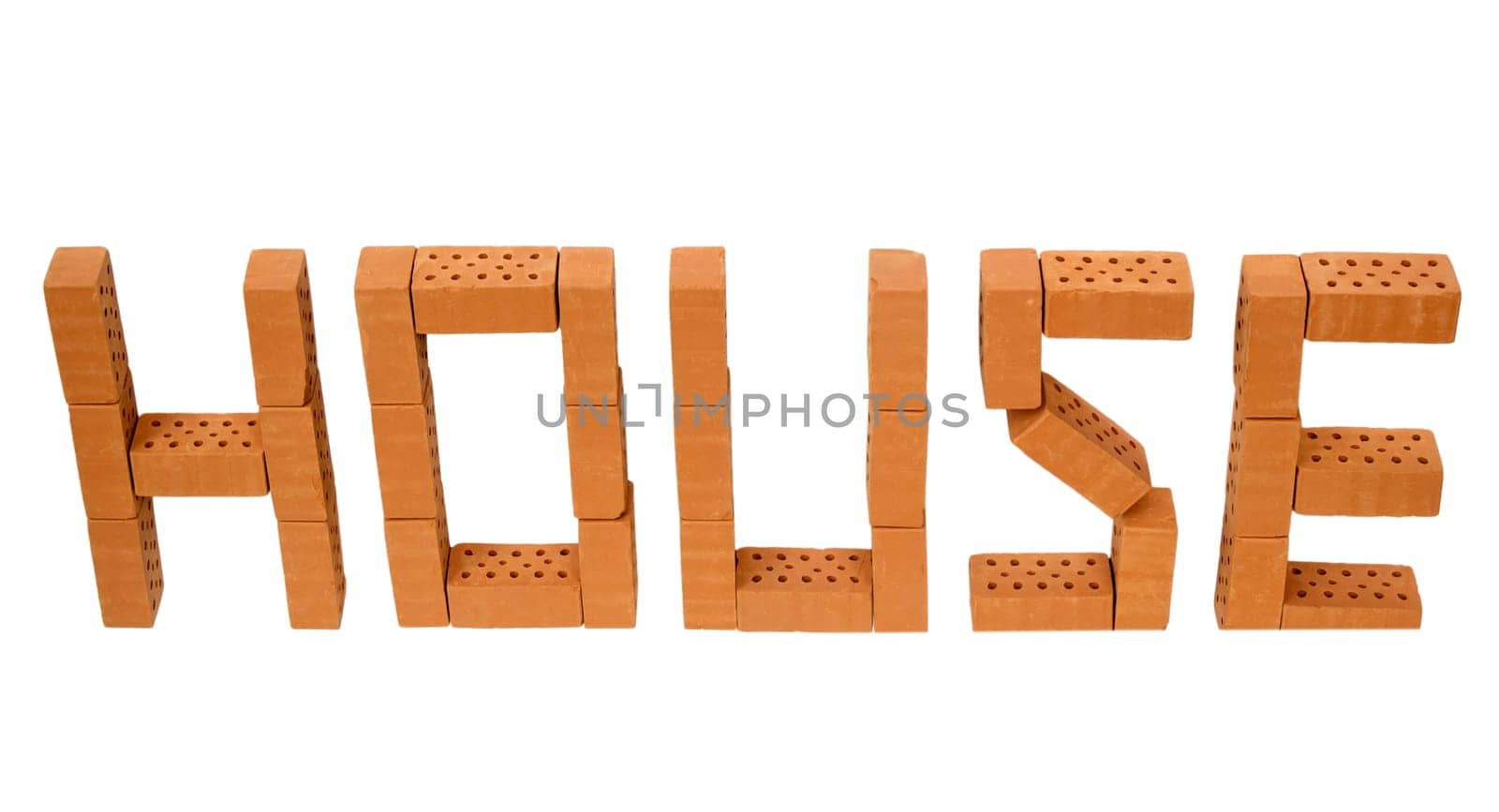 The word "house"" made of mini bricks on a white background."
