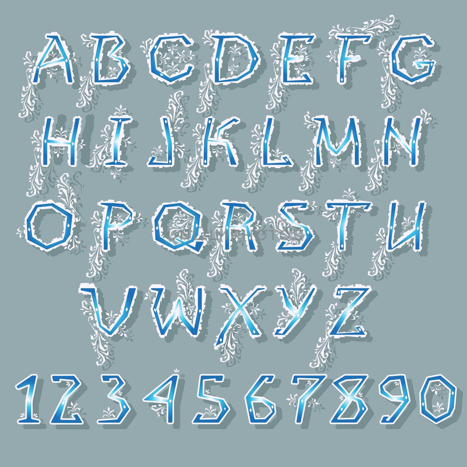 Ice Alphabet. Blue letters and numerals with white decor. Illustration