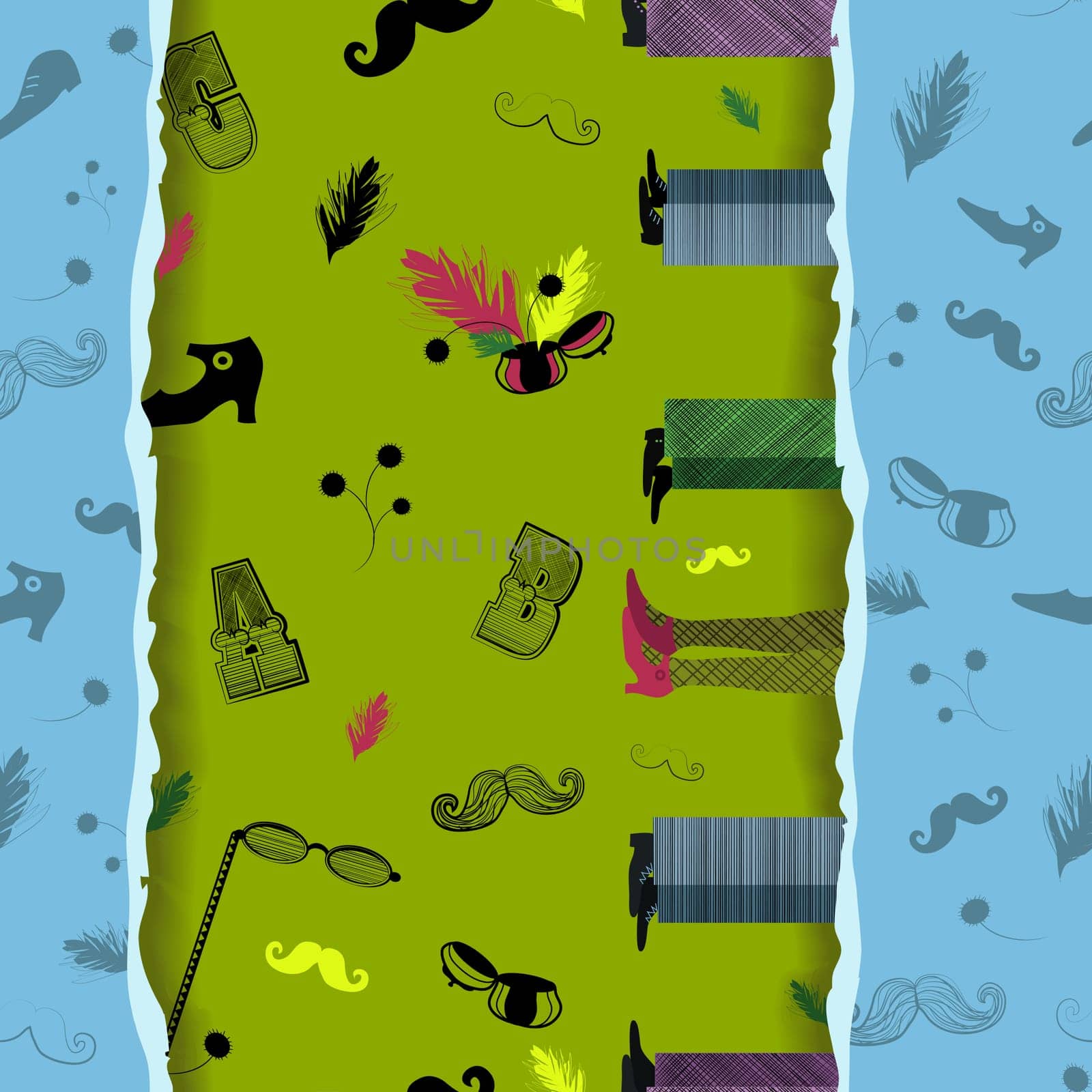 Set of Vintage Items. Retro Seamless Pattern. Colorful boots, feet, yeglasses, mustaches with green background. Effect of paper ragged edge. Illustration.