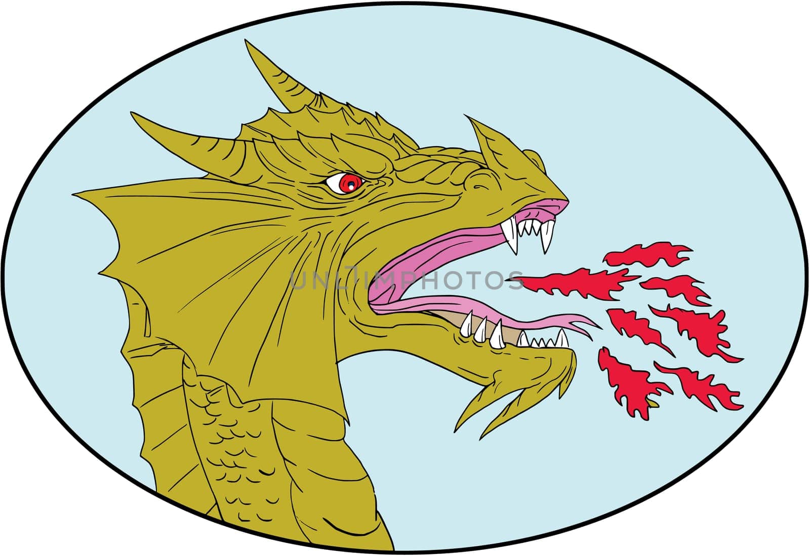 Drawing sketch style illustration of a dragon head breathing fire viewed from the side set inside oval shape on isolated background.