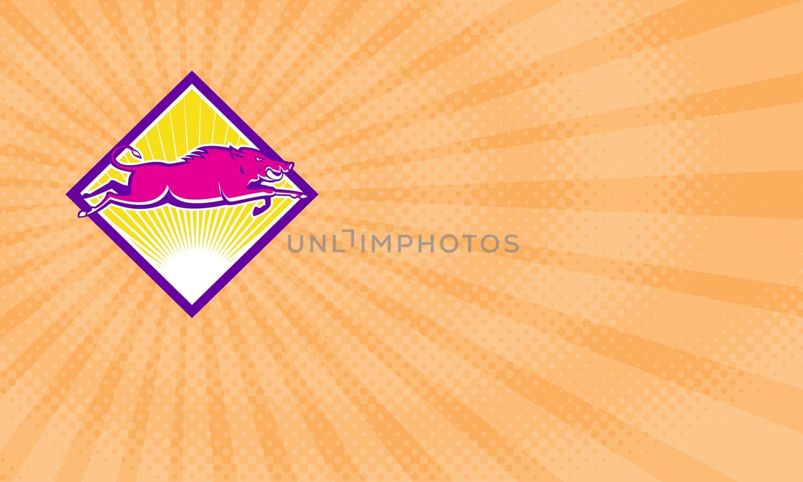 Business card showing Illustration of a wild pig boar razorback jumping done in retro style set inside diamond shape.....