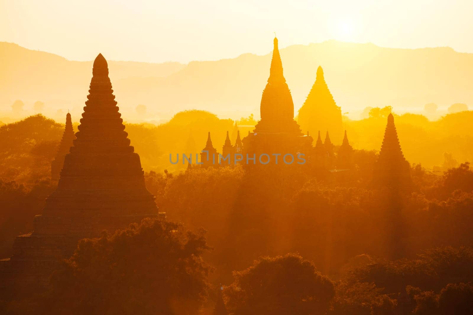 Scenic view of ancient Bagan temple during golden hour