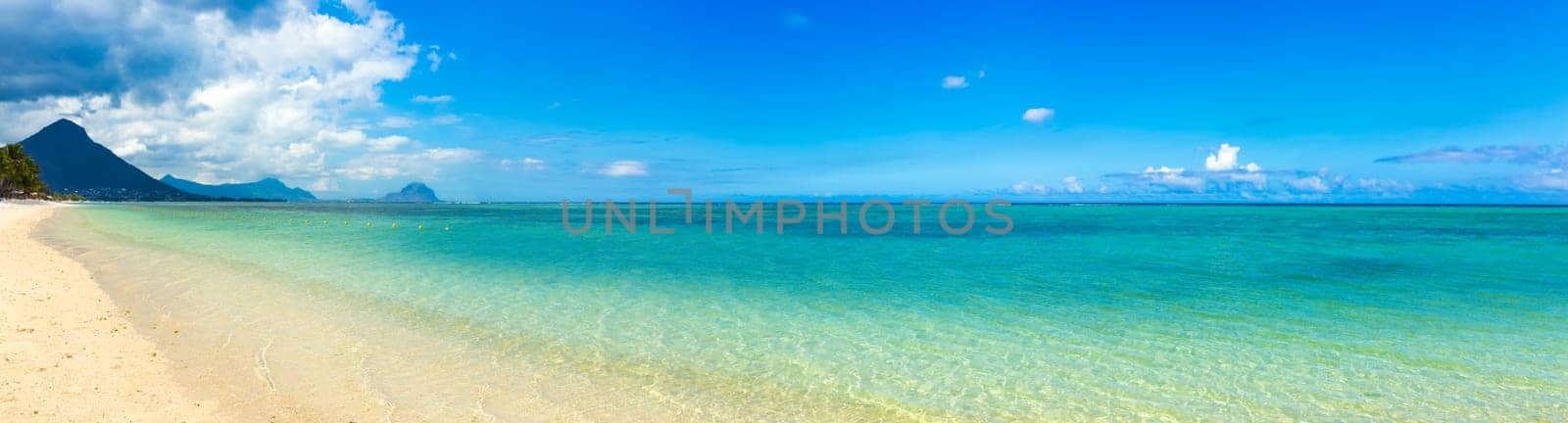 Sandy tropical Wolmar beach at sunny day. Panorama. Mauritius