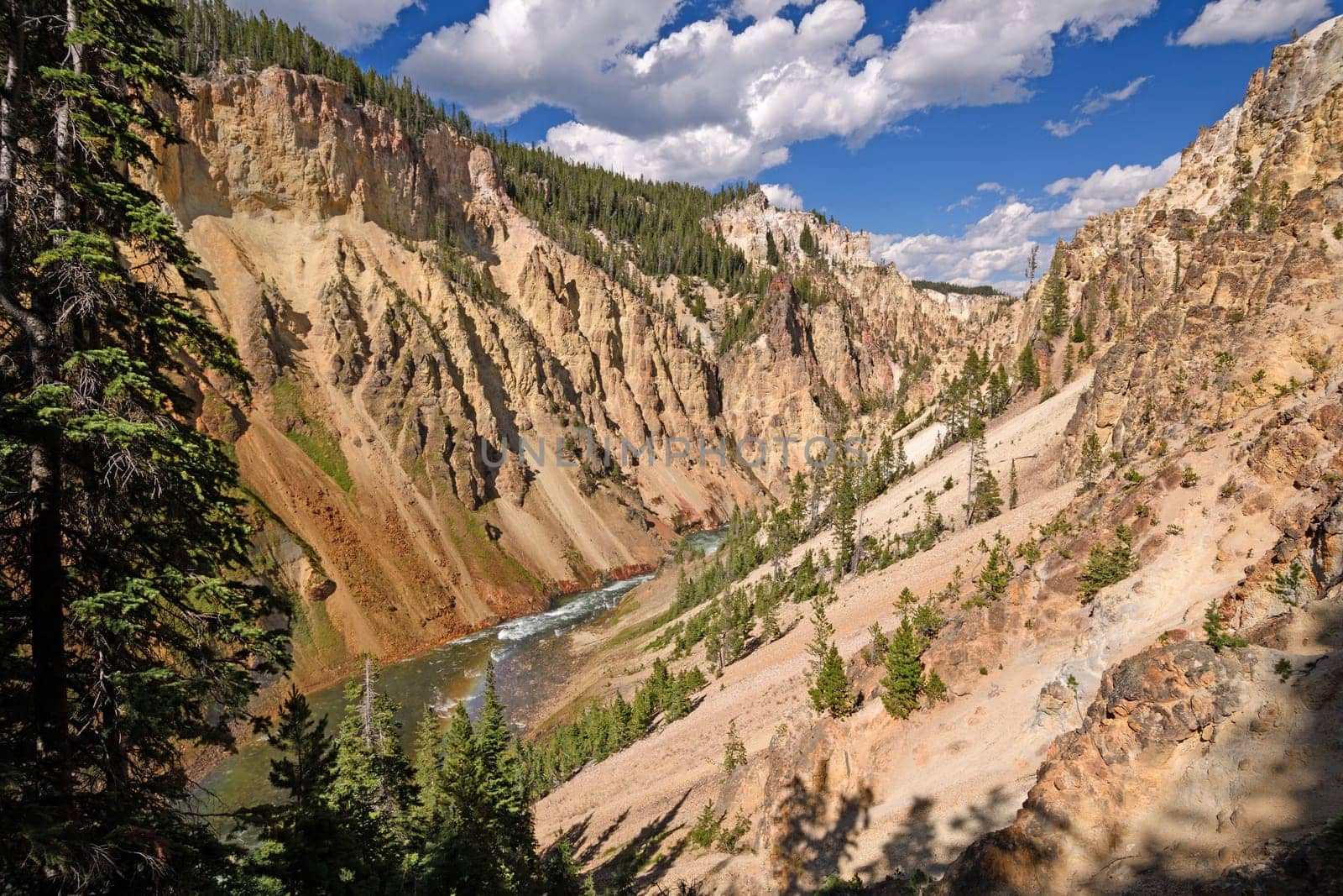 Colorful Yellowstone Canyon in the Sun in Yellowstone National Park in Wyoming
