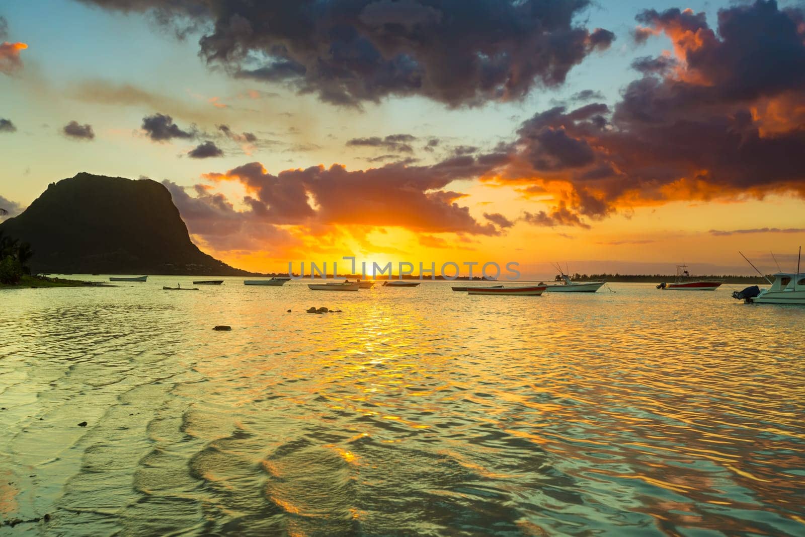 Amazing view of Le Morne Brabant at sunset. Mauritius island.