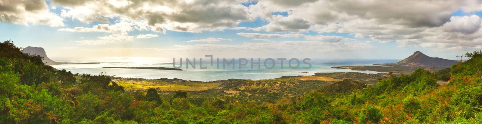View from the viewpoint. Le Morne Brabant on background. Mauritius. Panorama