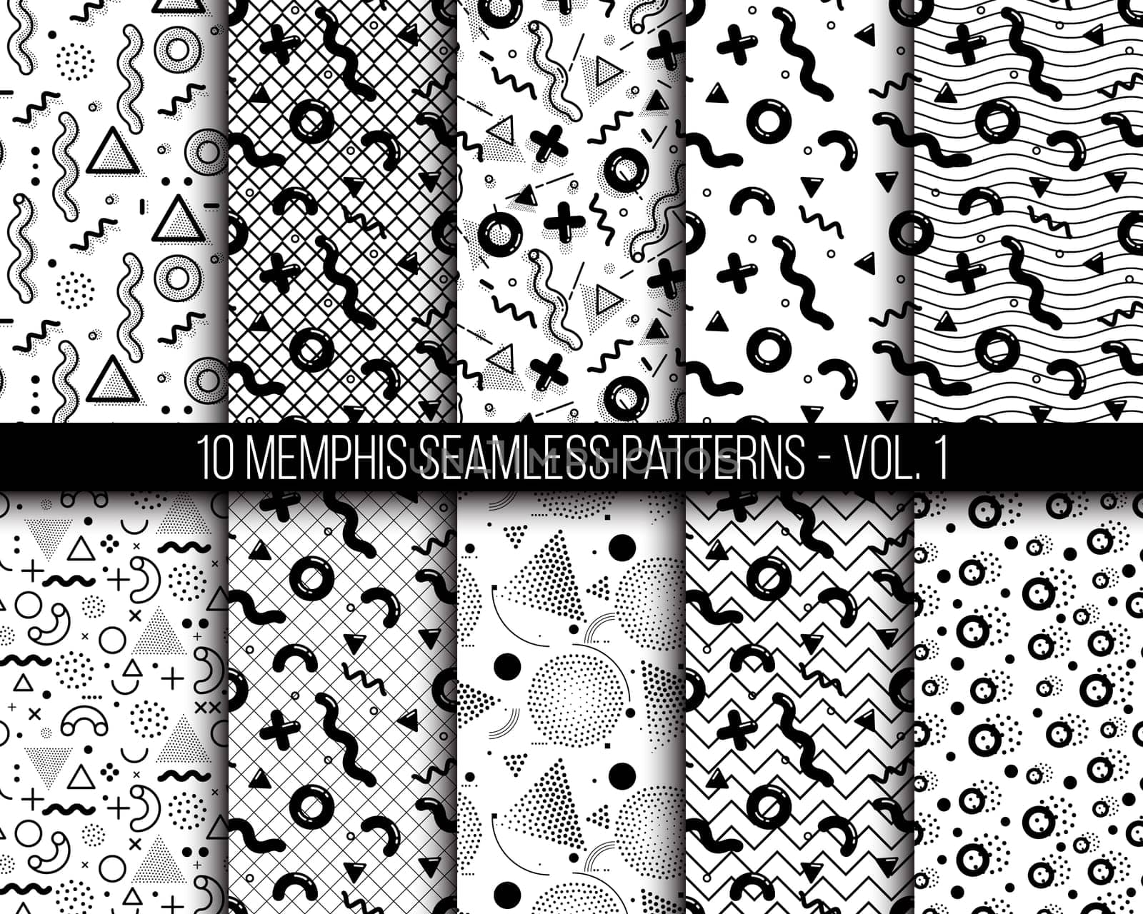 10 universal different geometric memphis seamless patterns. Black and white bright doodle endless vector texture can be used for wrapping wallpaper, pattern fills, clothes, wallpapers, surface textures