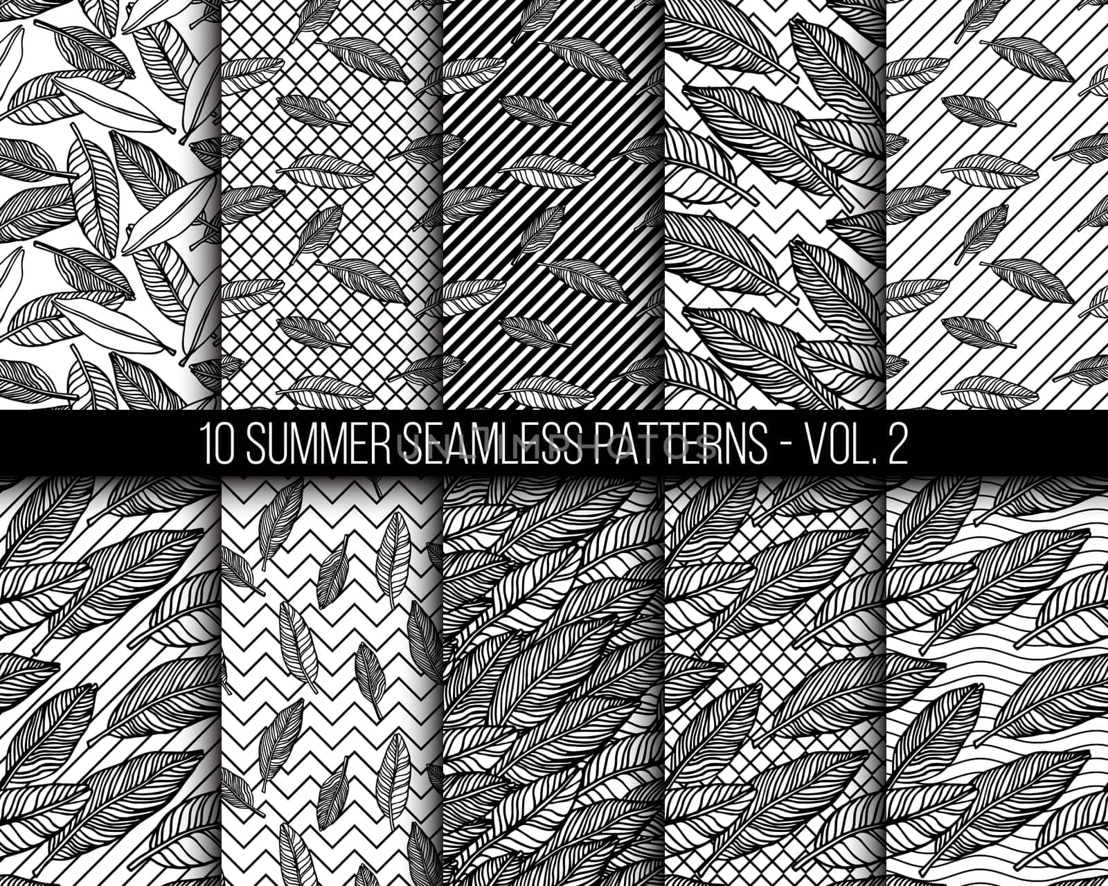 Simple seamless tropical jungle floral background set hand-drawing doodle leaves, diagonal striped texture. Summer pattern for your clothes, typography, design in classic 1990, 1980s