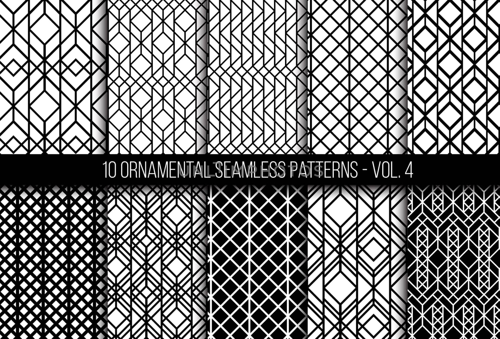 10 universal different geometric seamless patterns. Endless vector texture can be used for wrapping wallpaper, clothes, wallpapers, web page backgrounds, surface textures. Monochrome ornaments set