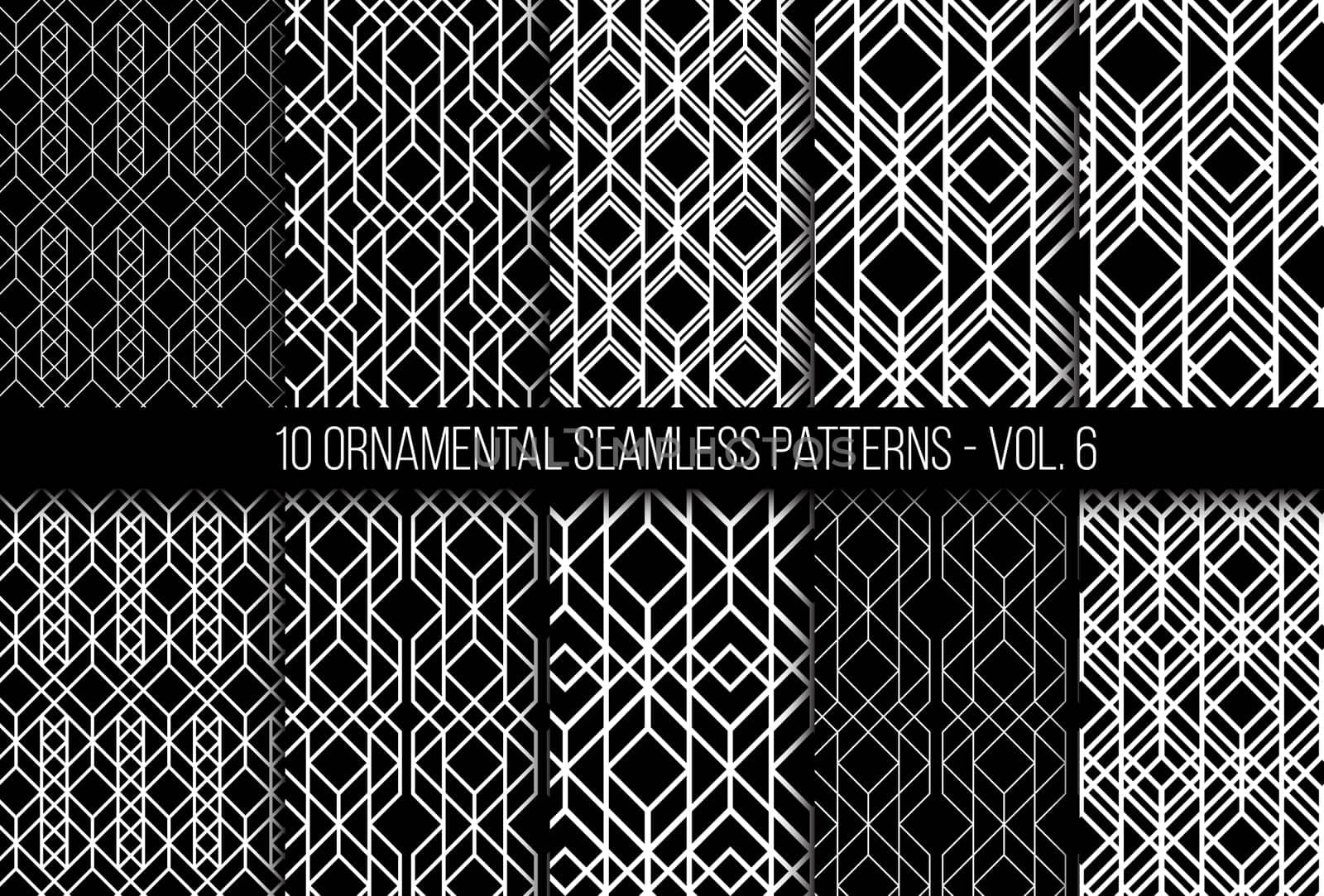 10 universal different geometric seamless patterns. Endless vector texture can be used for wrapping wallpaper, clothes, wallpapers, web page backgrounds, surface textures. Monochrome ornaments set