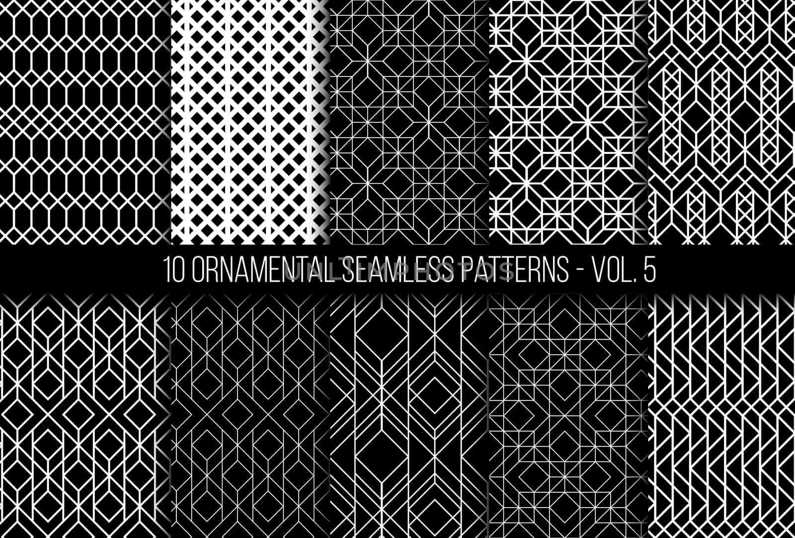 10 universal different geometric seamless patterns. Endless vector texture can be used for wrapping wallpaper, clothes, wallpapers, web page backgrounds, surface textures. Monochrome ornaments set