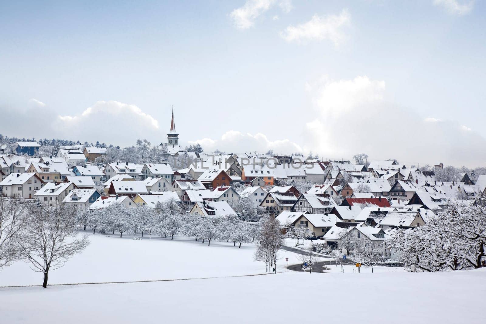 A photography of a winter village snow land