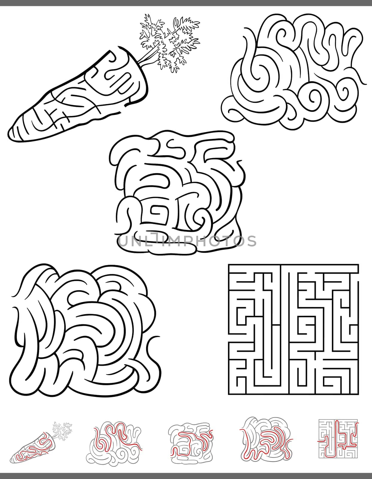 Illustration of Black and White Mazes or Labyrinths Leisure Games Set