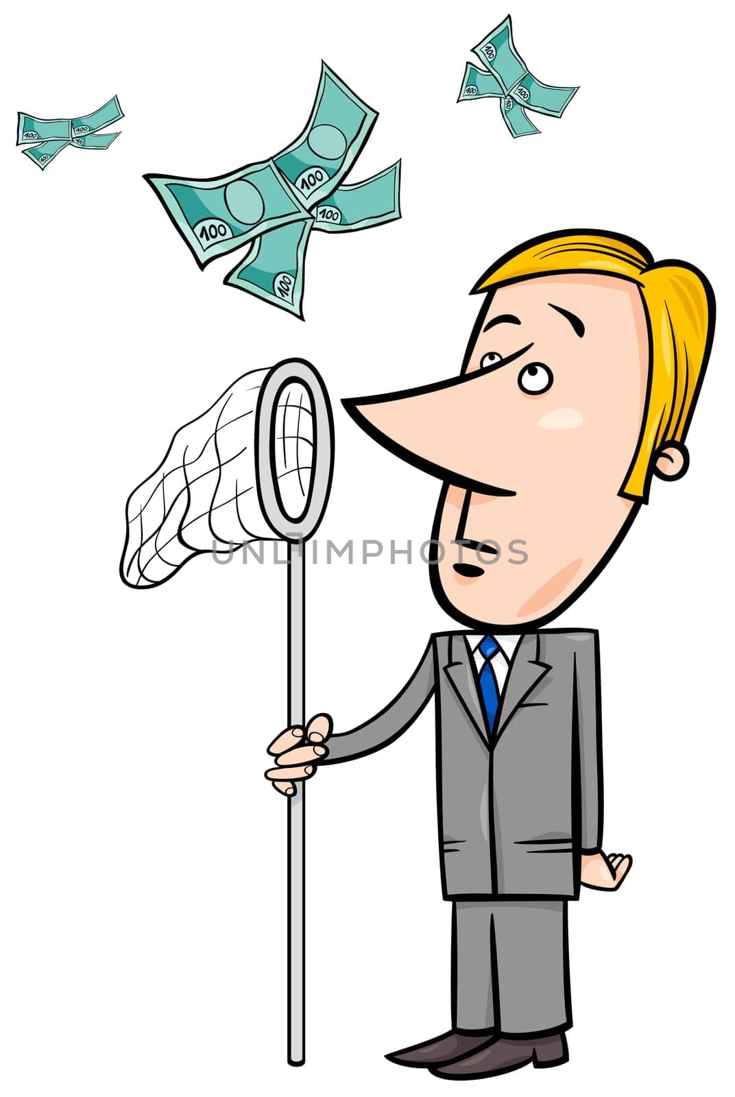 Concept Cartoon Illustration of Businessman Catching Money with Insect Net