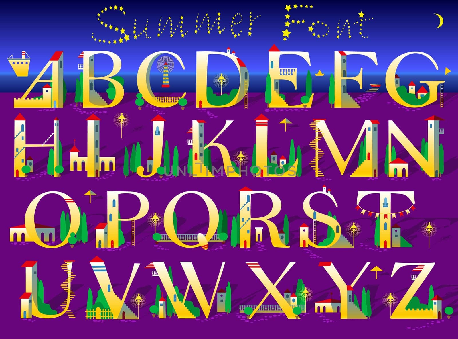 Summer Numerals. Signs are as white and yellow houses with red roofs, doors, windows and stairs. Purple and blue background is as sea and beach. Text by stars in the sky. Illustration