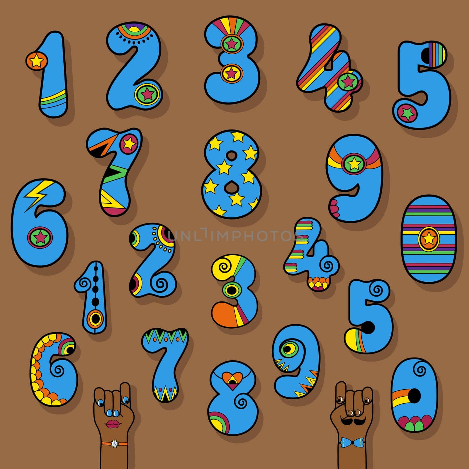 Set of Vintage Numerals. Blue signs with bright yellow and orange decor. Superhero and Disco Style. Cartoon Hands. Illustration