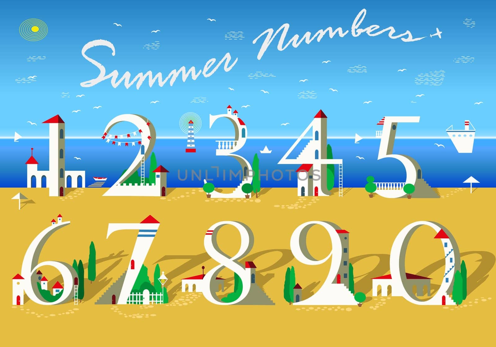 Summer Numbers. Signs are as white houses with red roofs, doors, windows and stairs. Yellow and blue background is as sea and beach. Text with plane in the sky. Illustration