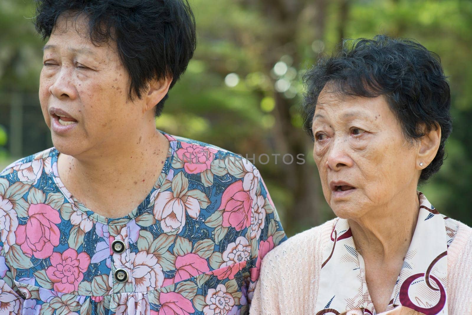 Candid shot of Asian elderly women chatting at outdoor park in the morning.