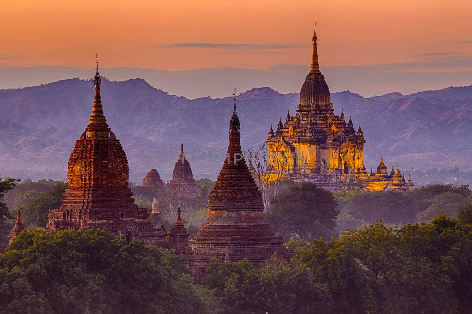 Scenic view of ancient Bagan temple during golden hour