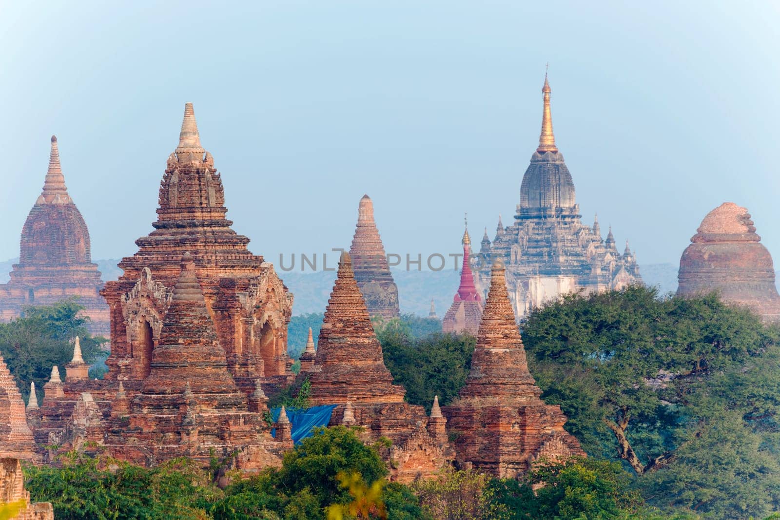 Scenic view of ancient Bagan temple during golden hour