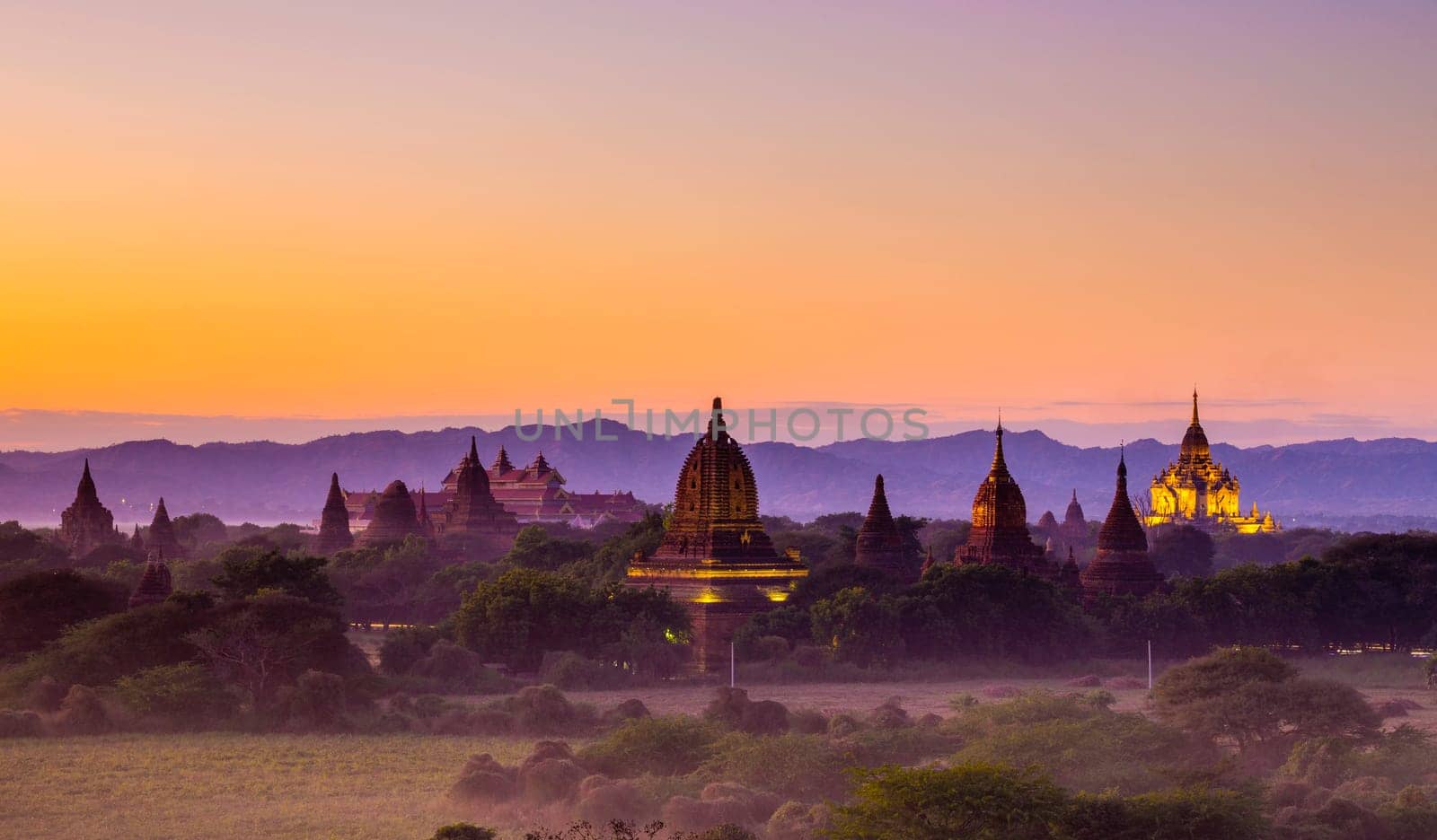 Scenic view of ancient Bagan temple during golden hour