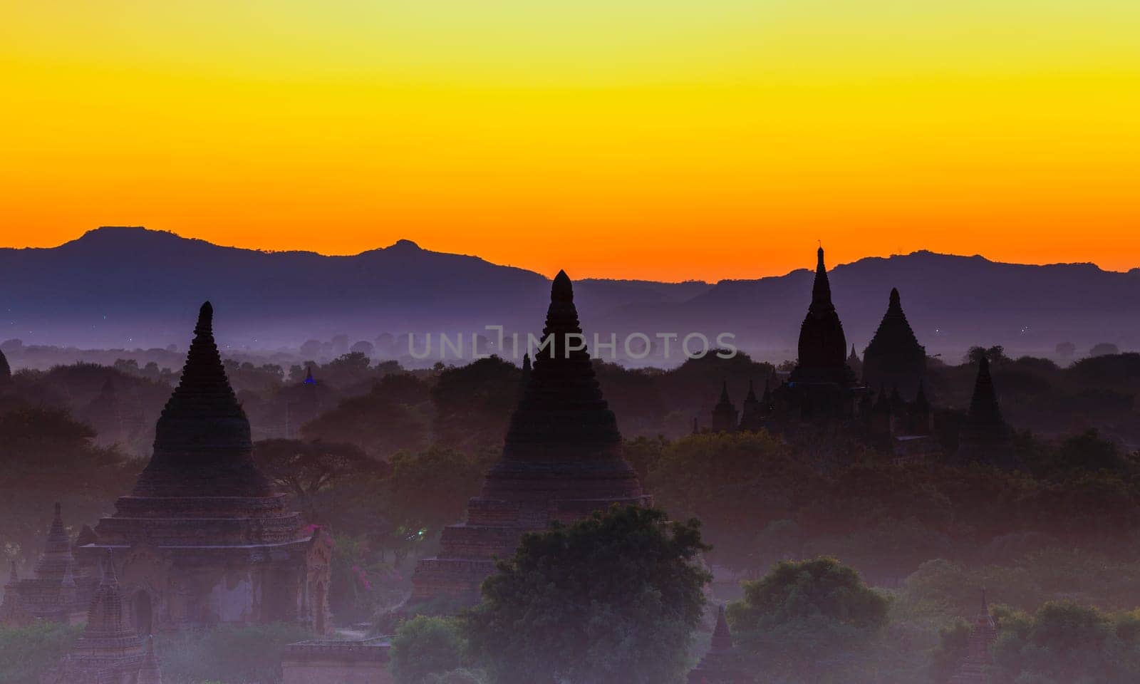 Scenic view of ancient Bagan temple during golden hour