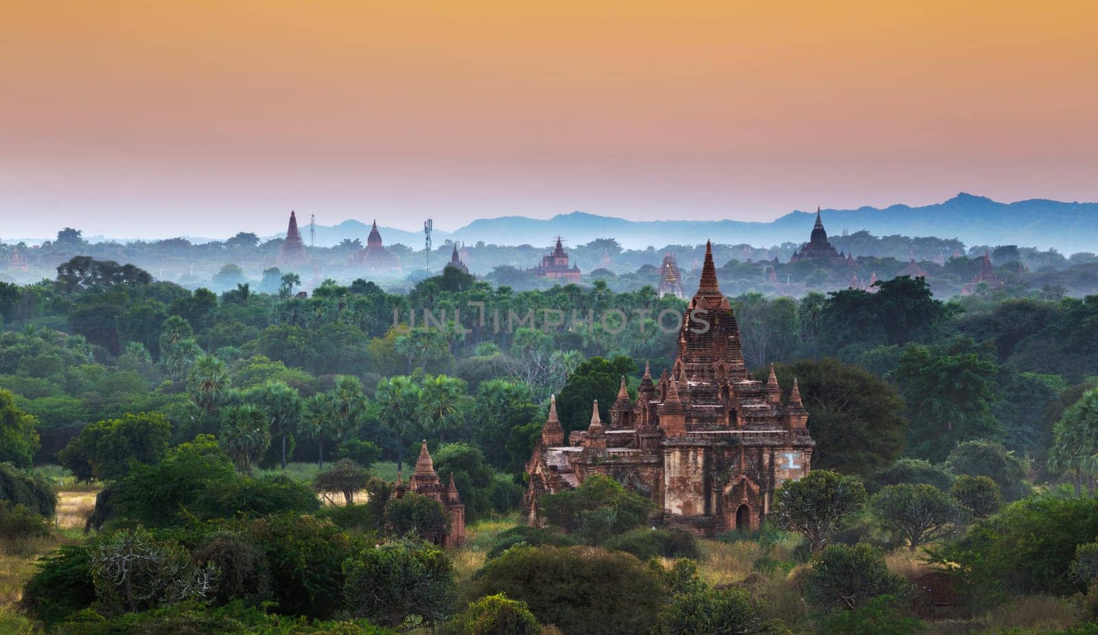 Scenic view of ancient Bagan temple during golden hour